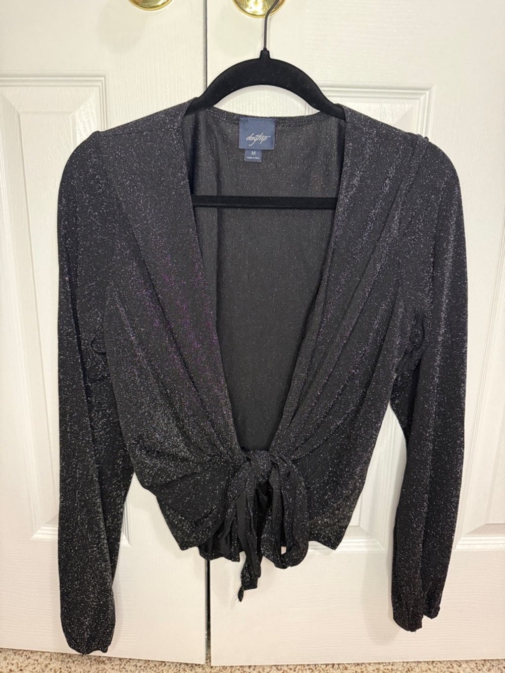 Daytrip Black Metallic Tie-Front Long Sleeve Blouse